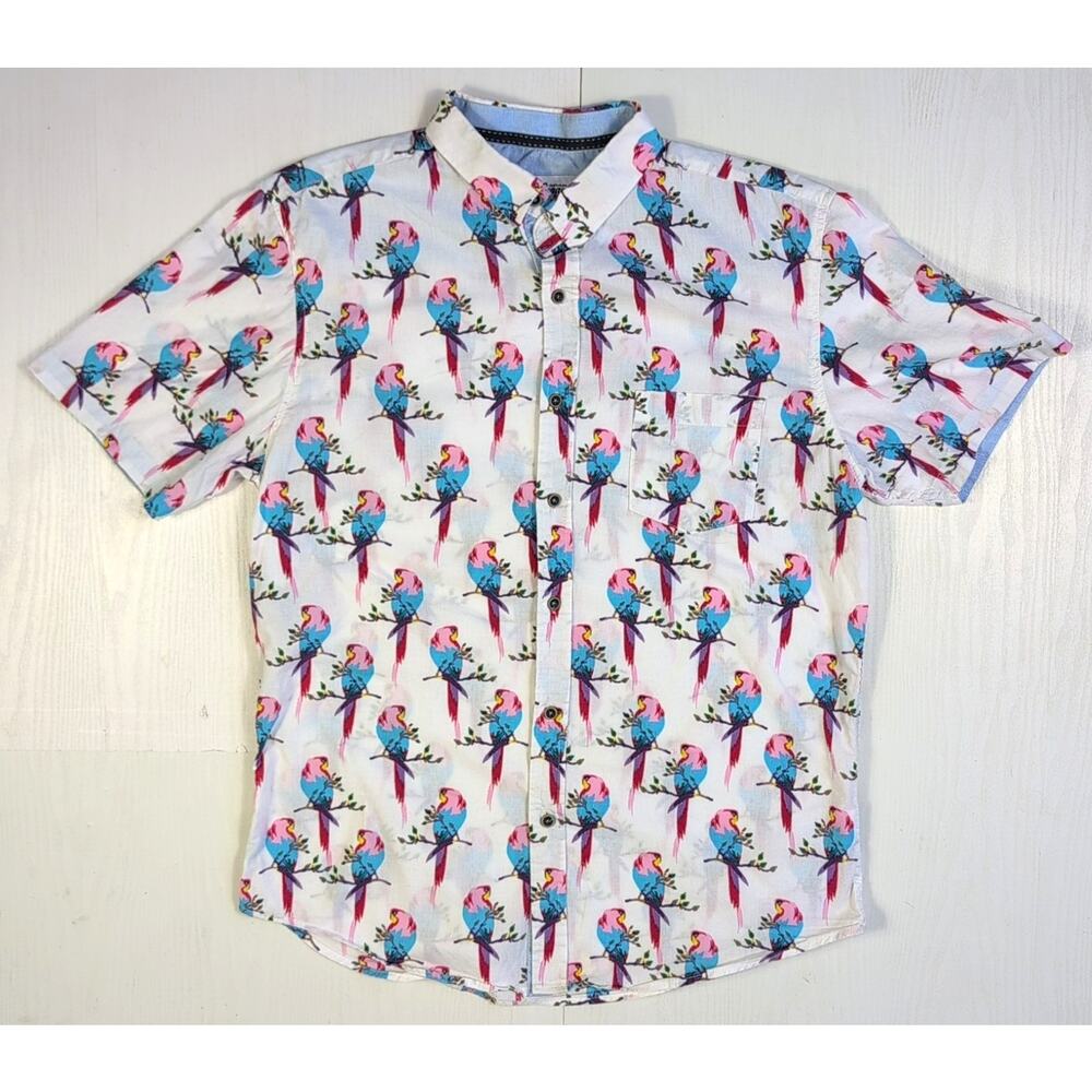 Craft+Flow Voyage Shirt Men’s L White Tropical Parrot Print Button Front Casual